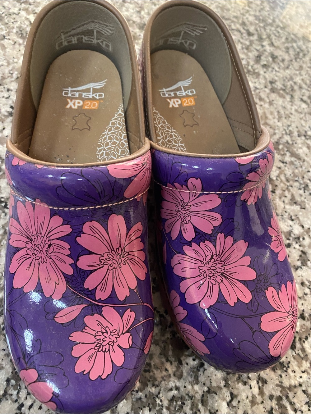 Dansko Purple Patent Clogs with Pink Floral Print
